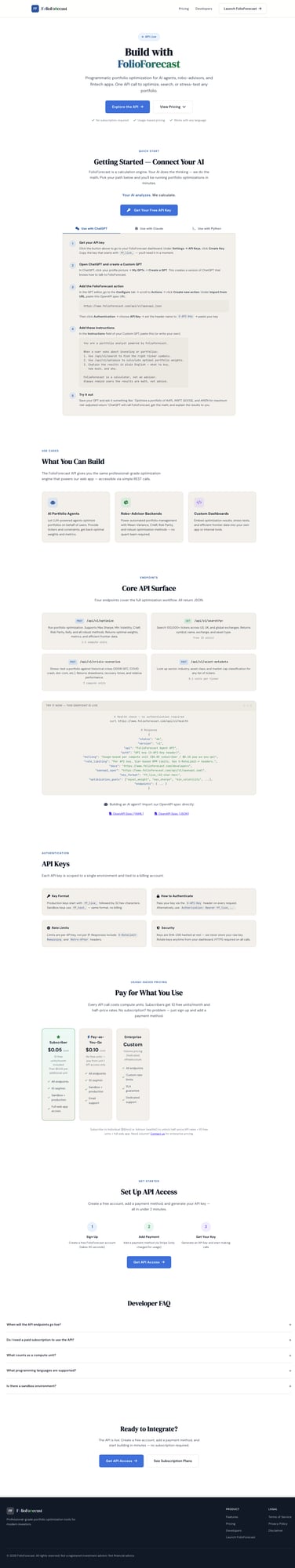 FolioForecast Developer API — REST endpoints, MCP Server, and AI integration